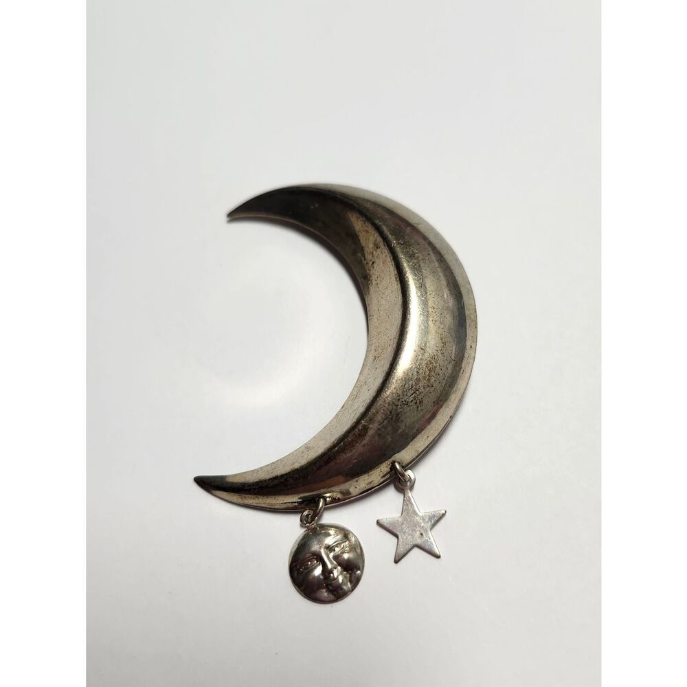 Sterling Silver Crescent Moon And Stars Pin Brooch 925 View 2